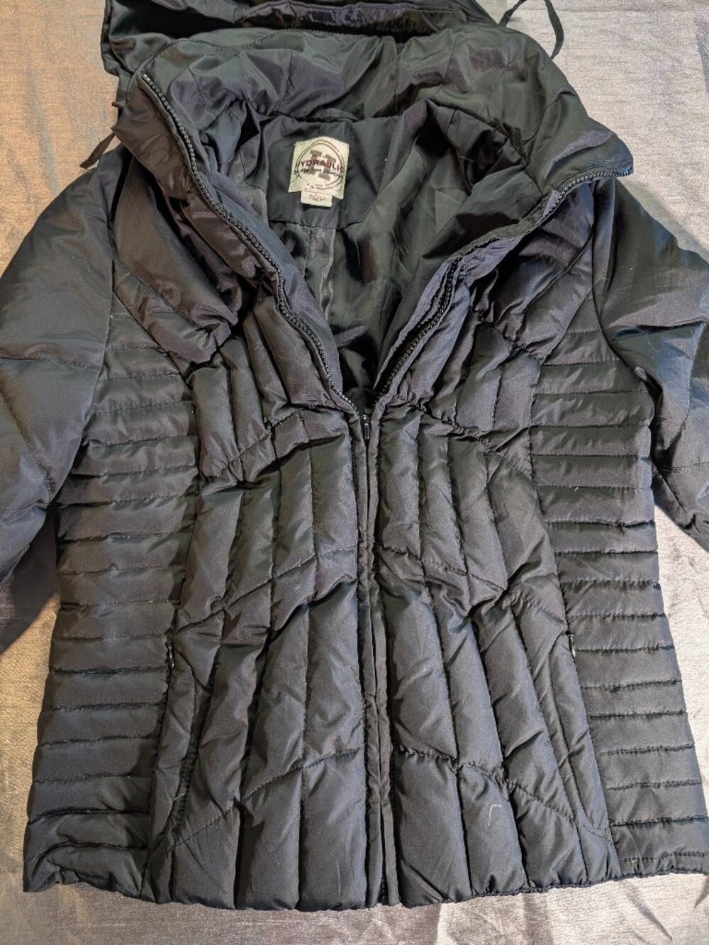 Hydraulic Womens Black Puffer Jacket Coat Zip Hooded Ruched Waist Large L